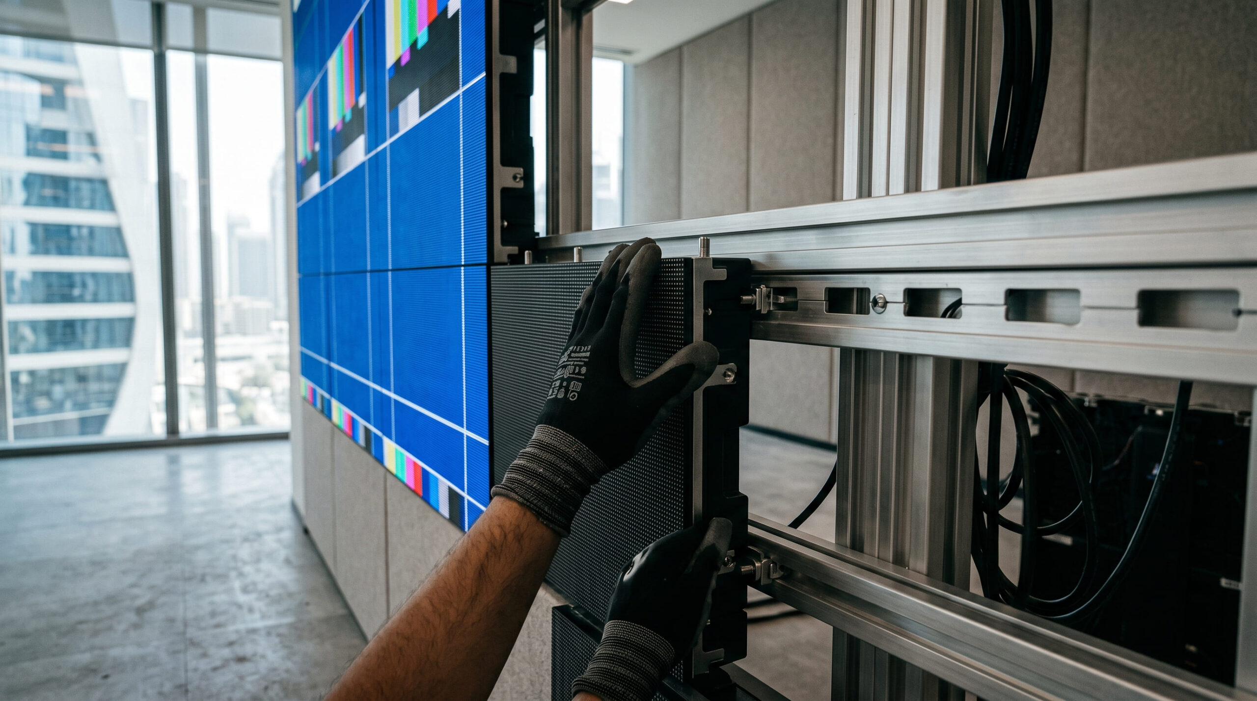 LED video wall installation in progress in a UAE office environment showing cabinet alignment and frame structure