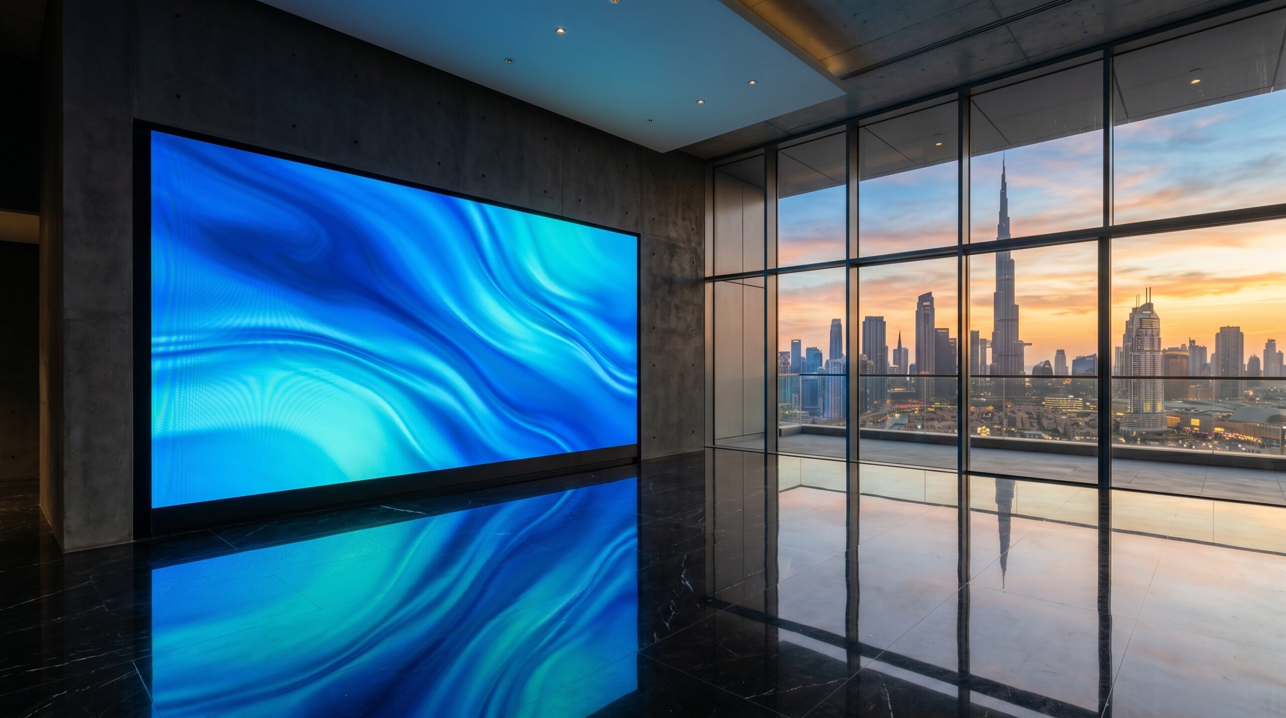 indoor LED video wall installation in a UAE corporate lobby — BeBright digital display solutions
